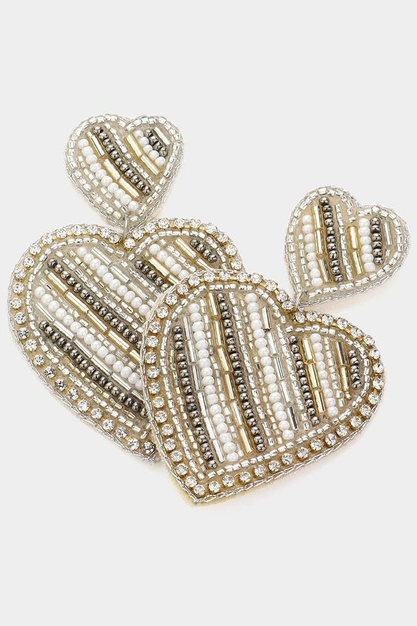 Ivory Gold Beaded Double Heart Dangle Earrings Wona Trading Co