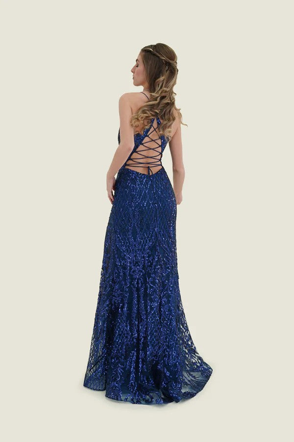 FLAIR Prom 25003 Navy Sequin Dress with Lace Up Back