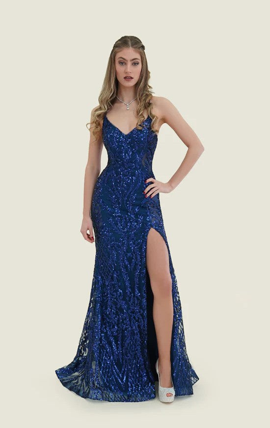 FLAIR Prom 25003 Navy Blue Sequin Design Dress with Slit