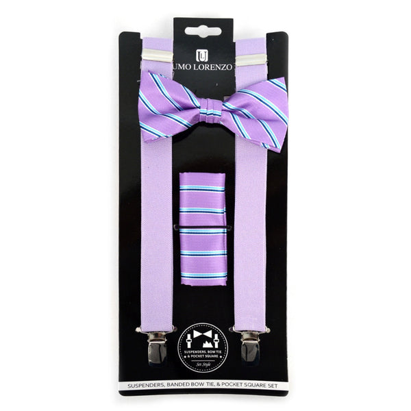 Bow Tie, Pocket Square and Suspender Set - Lavender Stripe SELININY