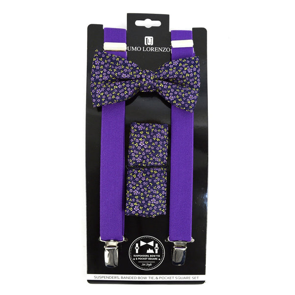Bow Tie, Pocket Square and Suspender Set - Purple Floral SELININY