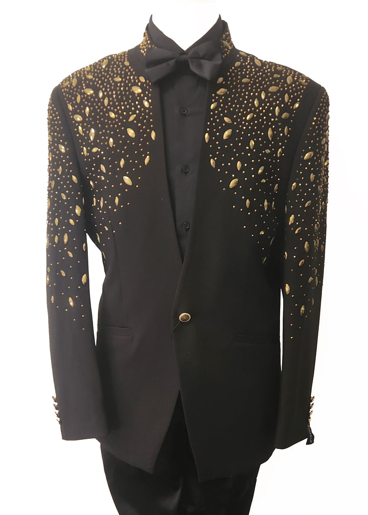 Black Mandarin Collar Jacket with Gold Rhinestone Embellishments