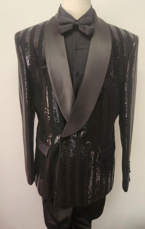 Black Sequin Stripe Double Breasted Fashion Tuxedo Jacket Barabas