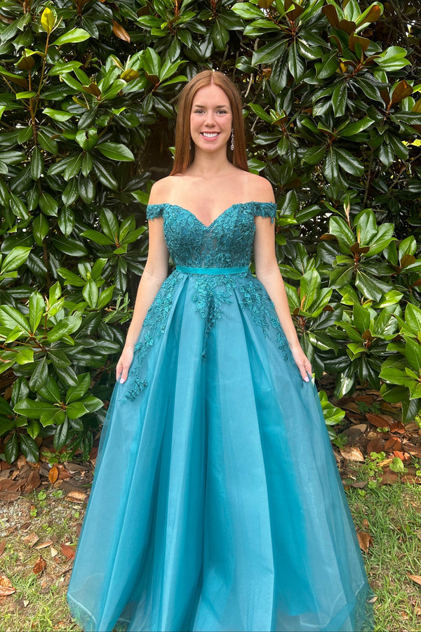 FLAIR Prom 24766 Pine Green Off Shoulder A-Line Dress