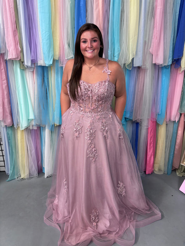 FLAIR Prom 24732 Rosewood A-Line Tulle Dress with Lace Applique