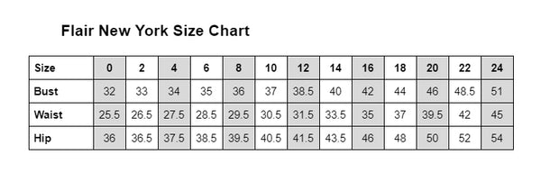 Flair Prom size chart for bust, waist, and hip measurements.