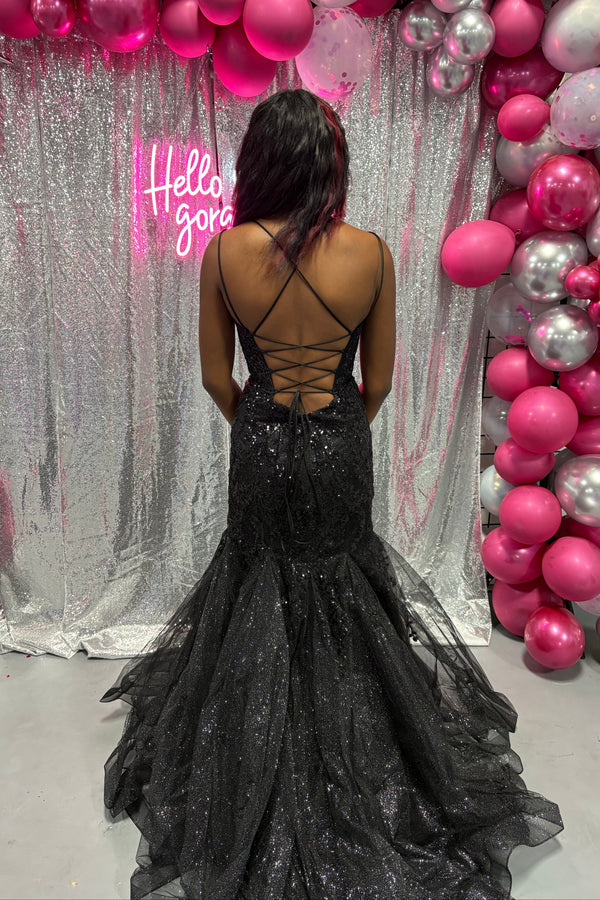 FLAIR Prom 25001 Black Glitter Tulle Mermaid Dress with Lace Up Back