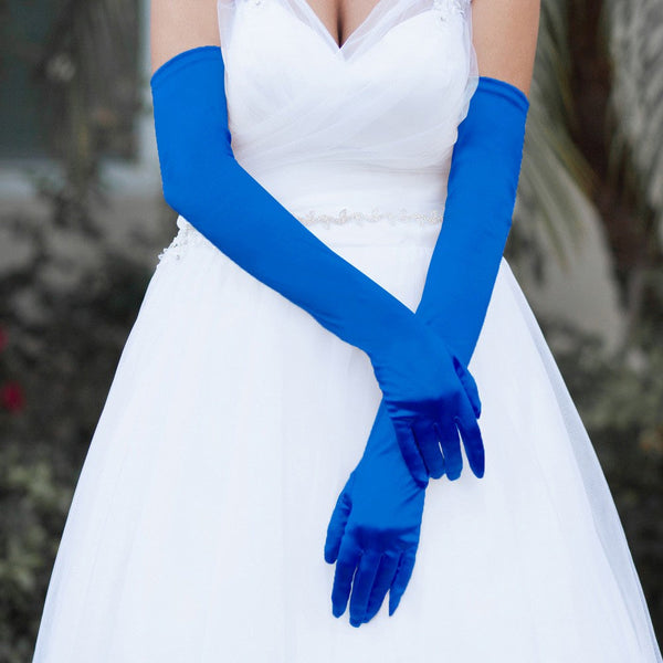 Opera Length Royal Blue Satin Gloves Sophia Collection dba Something Special