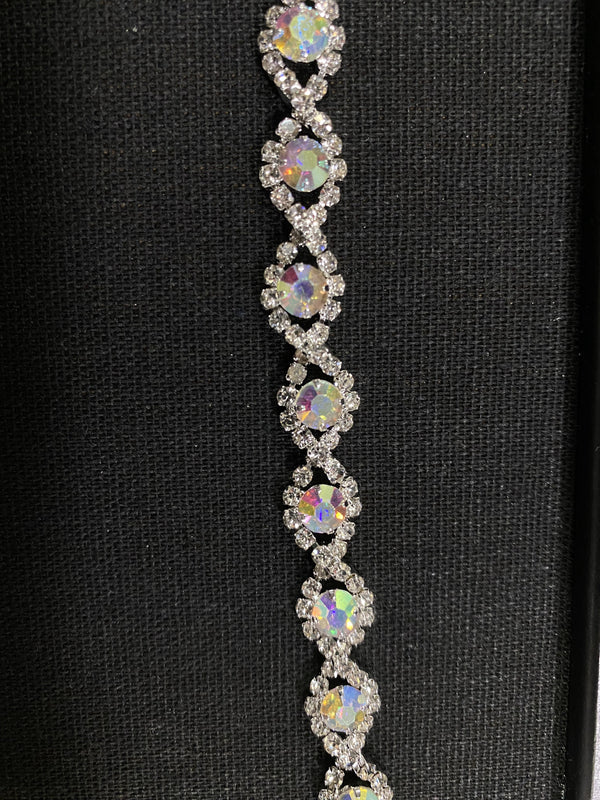 AB Iridescent Center Stone Rhinestone Silver Belt / Strap Cristal D'Or