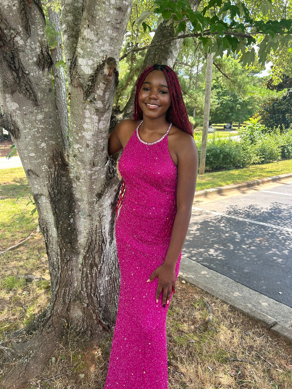 INTRIGUE 91020 Magenta Fully Beaded Dress