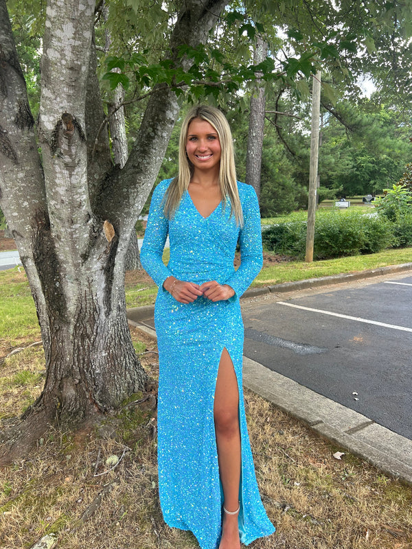 INTRIGUE 91021 Ocean Blue Long Sleeve Sequin Dress