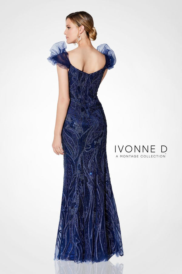 Ivonne D 122D64 Navy Beaded Tulle Fit-n-Flare Dress