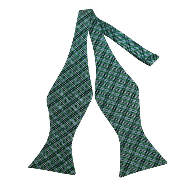 Green with White, Black, Blue Multi-Stripe Plaid Self Tie Bow Tie TieOutlet.com