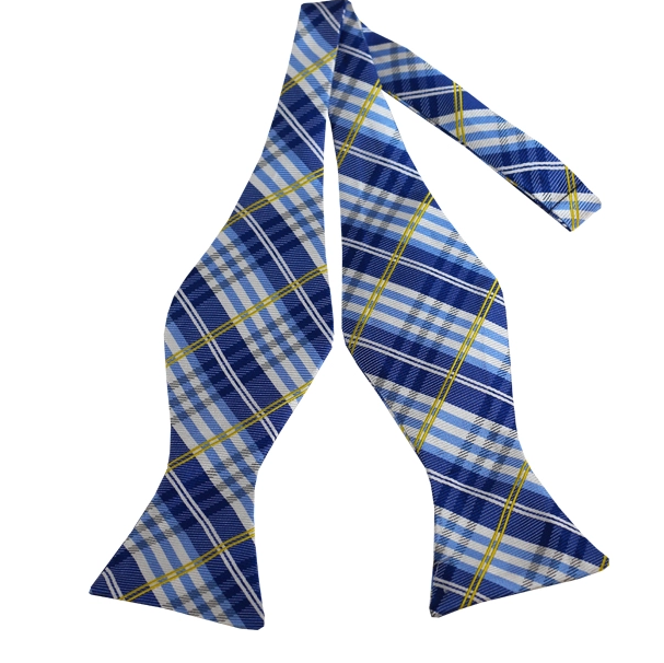 White, Powder Blue, Yellow Stripes on Blue Plaid Self Tie Bow Tie