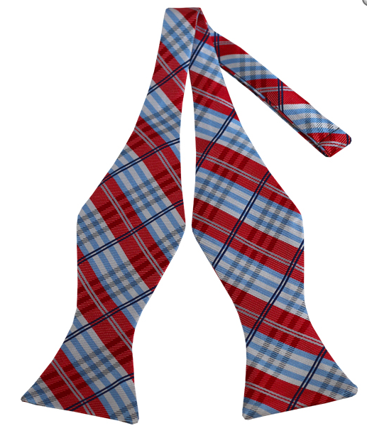 Red, White, Powder Blue and Navy Plaid Self Tie Bow Tie