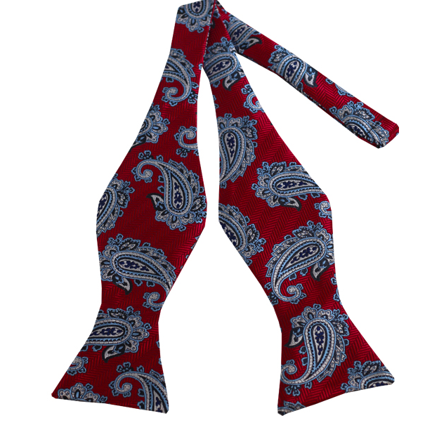 Steel Blue and Cream Paisley on Red Design Self Tie Bow Tie