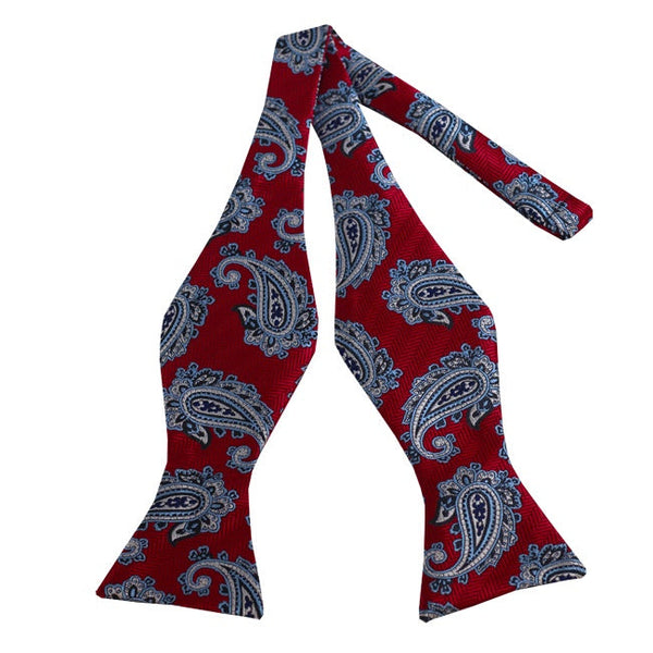 Steel Blue and Cream Paisley on Red Self Tie Bow Tie TieOutlet.com