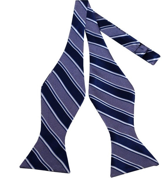 Navy Blue, White and Grey Striped Self Tie Bow Tie TieOutlet.com