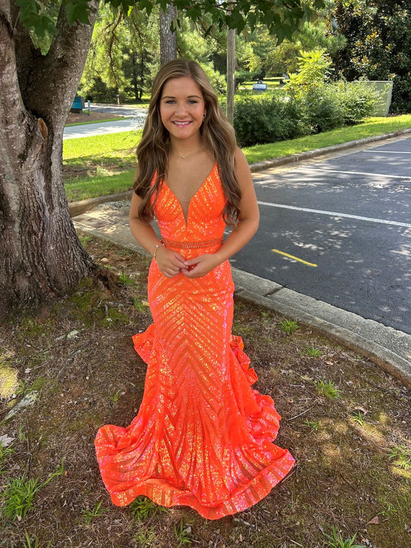 JOVANI 03570 Neon Orange Sequin Fit-n-Flare Dress