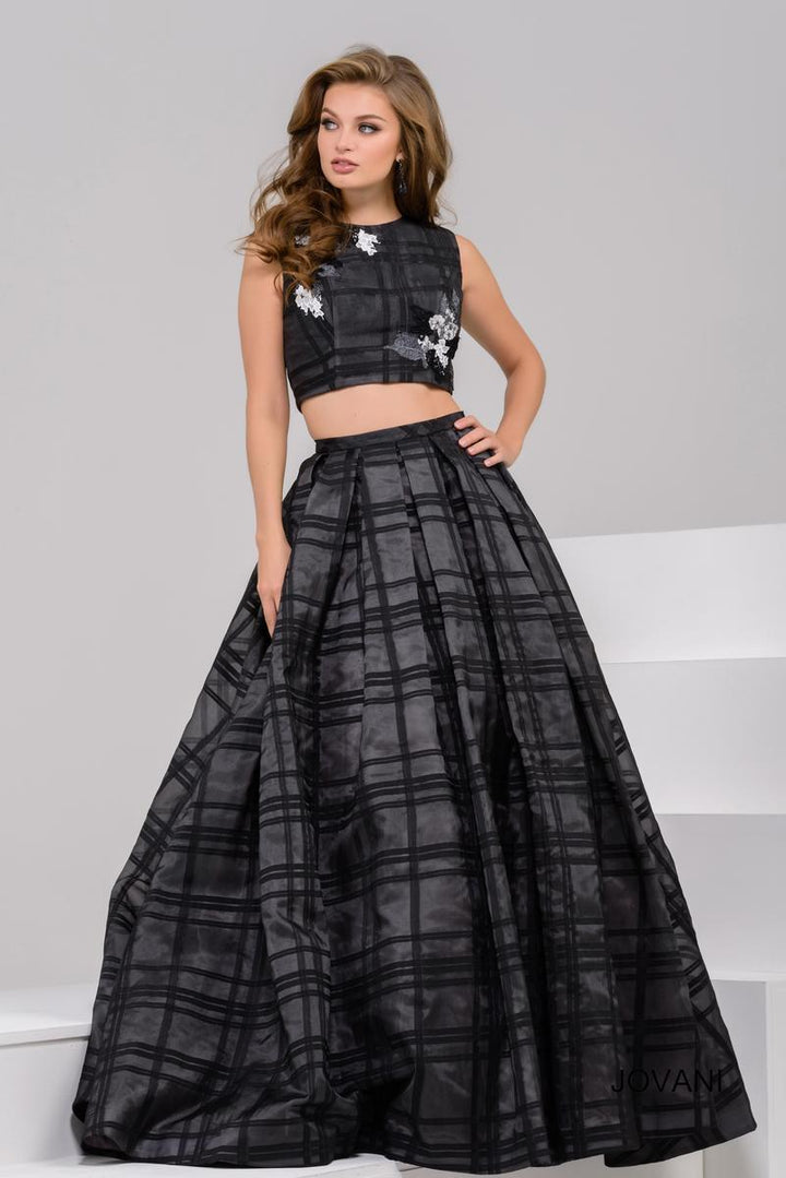 JOVANI 40387 Black Plaid 2 Piece A-Line Dress