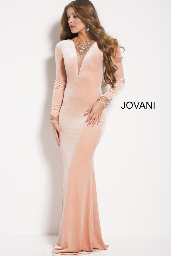 Jovani 52137 Blush Velvet Long Sleeve Dress Jovani