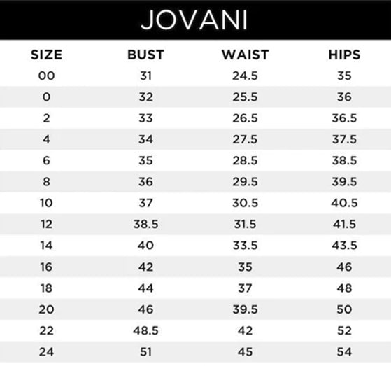 Jovani and JVN by Jovani size chart with bust, waist, and hips measurements.