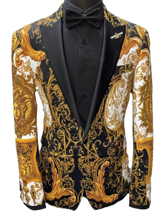 Black & Gold Faces Print Fashion Jacket Front - BarabasÂ