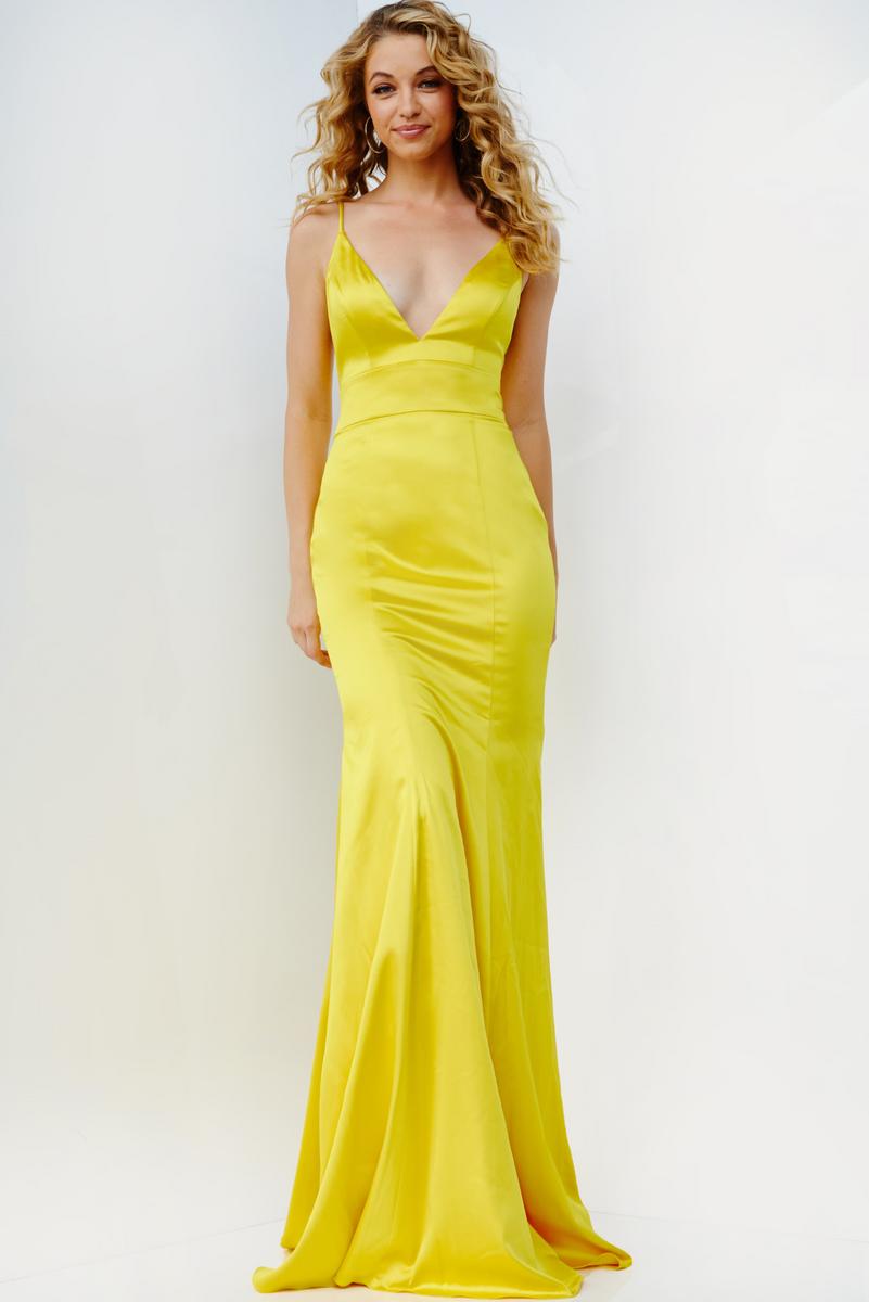 JVN by Jovani 08595 Yellow Satin Fit-n-Flare Dress Yellow / 2