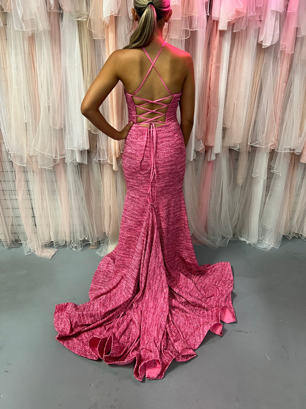 JVN by Jovani 1139 Hot Pink Shimmer Knit Fit-N-Flare Dress