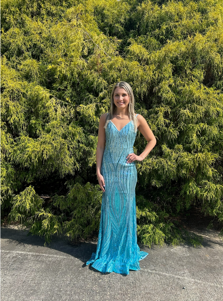 JOVANI 07627 Turquoise Sequin Backless Dress