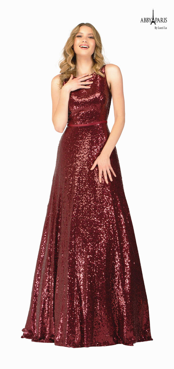 Lucci Lu 981023 Burgundy Sequin Modest A-Line Dress