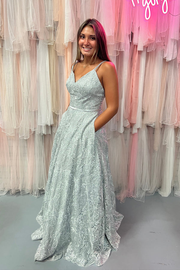 Lucci Lu 1095 Platinum Silver Embroidered Tulle A-Line Dress