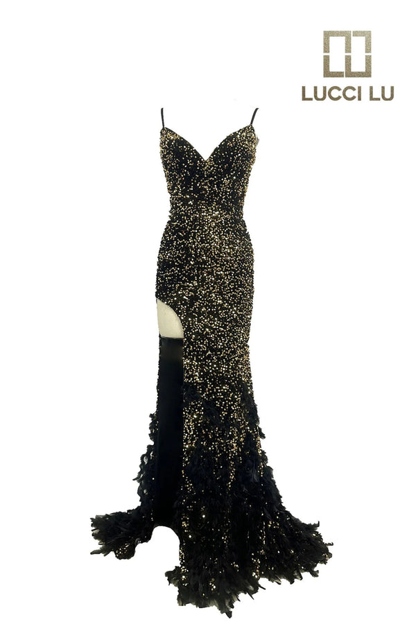 Lucci Lu 1299 Velvet Sequin Dress with Feather Train Lucci Lu