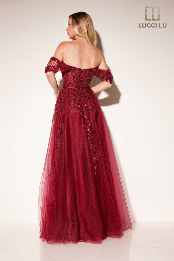 Lucci Lu 1309 Burgundy Off Shoulder Embroidered Tulle A-Line Dress Lucci Lu