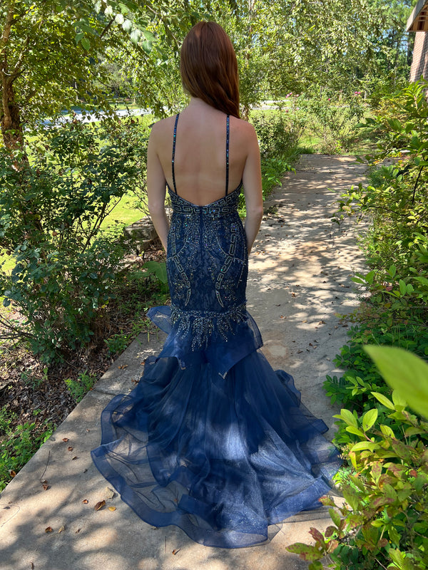 Lucci Lu 2134 Navy Lace Tulle Beaded Mermaid Dress
