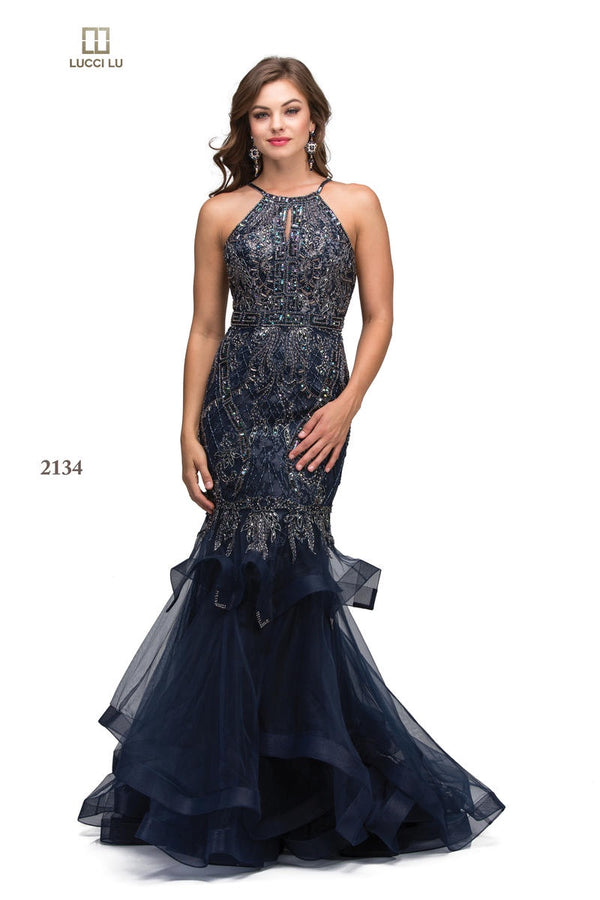 Lucci Lu 2134 Navy Lace Tulle Beaded Mermaid Dress
