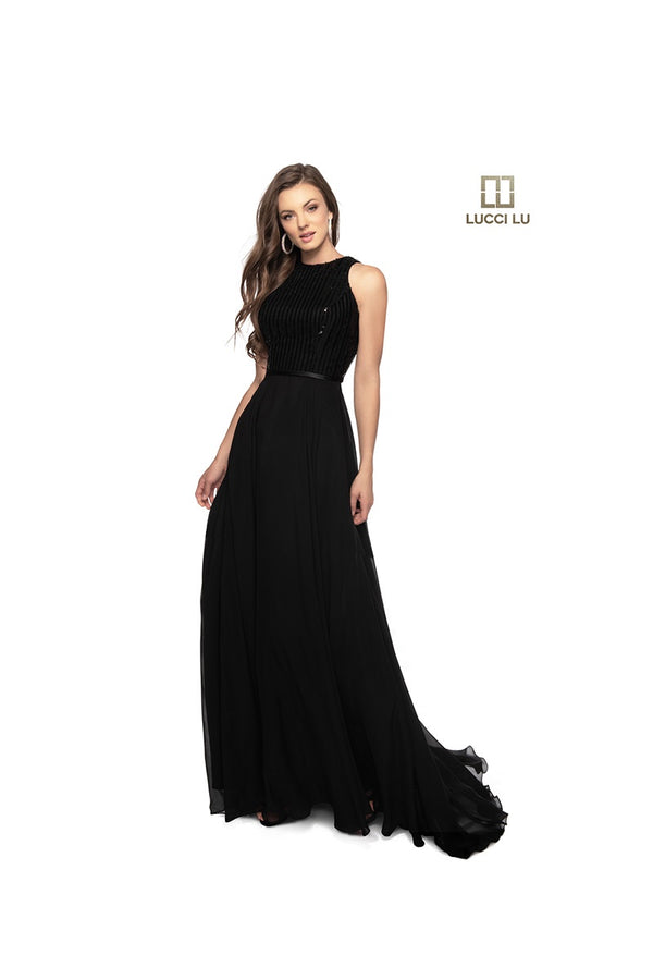Lucci Lu 28072 Black Modest Chiffon Dress