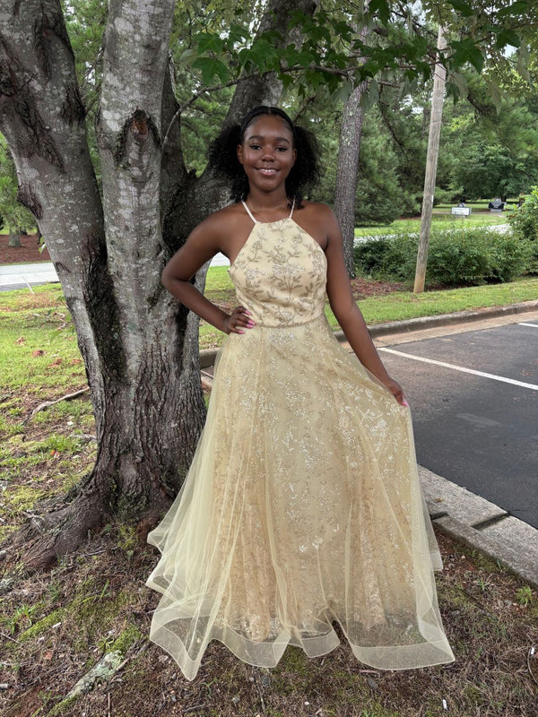 Lucci Lu 28801 Gold Halter A-Line Tulle Dress