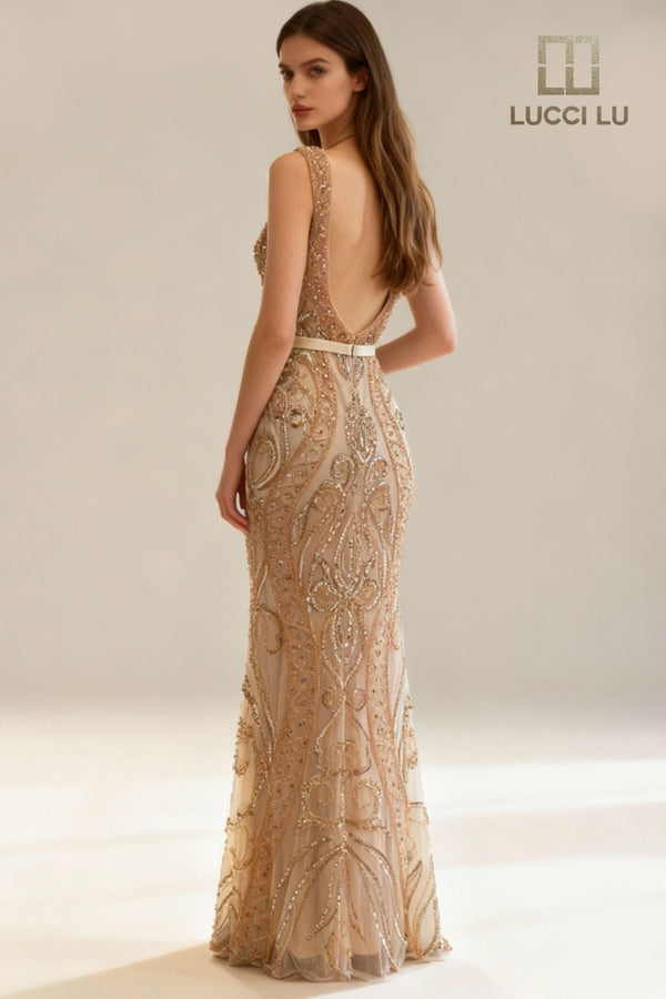 Lucci Lu 28819 Sleeveless Modest Fitted Beaded Dress Lucci Lu