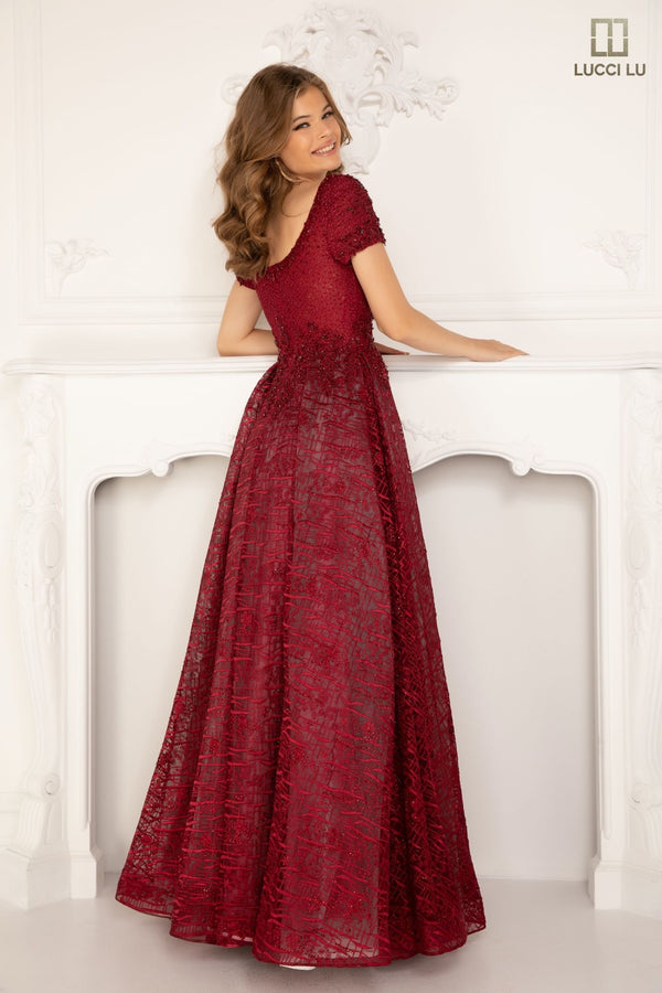 Lucci Lu 28839 Embroidered Tulle A-Line Dress with Short Sleeves Lucci Lu