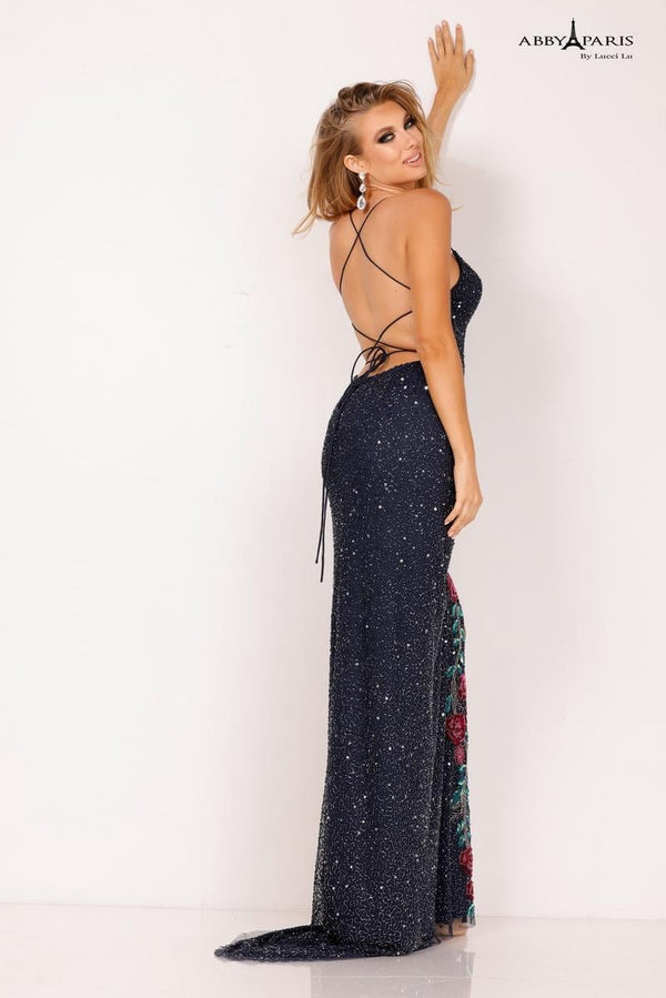Lucci Lu 90133 Navy Beaded Sheath Dress with Floral Detail Lucci Lu