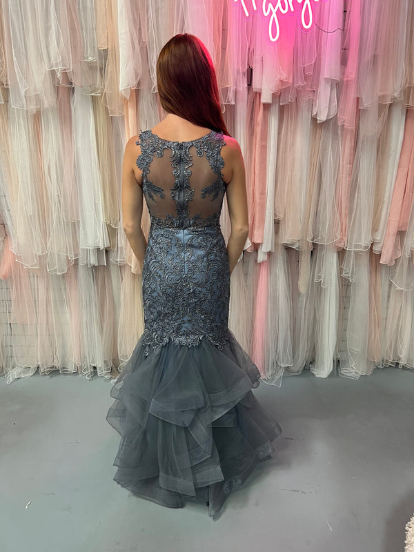 Lucci Lu 981008 Dusty Blue Tulle Mermaid Dress