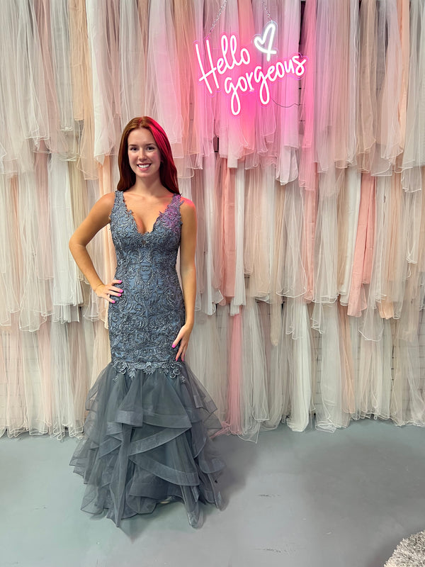 Lucci Lu 981008 Dusty Blue Tulle Mermaid Dress