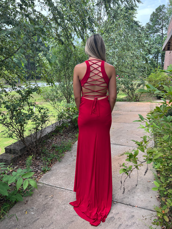 Lucci Lu 981028 Red Lace Up Back Fitted Jersey Dress