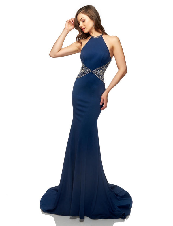 Lucci Lu 28002 Navy Halter Beaded Waist Dress