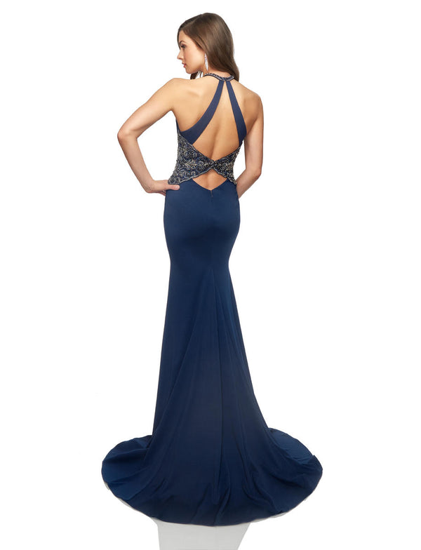 Lucci Lu 28002 Navy Halter Beaded Waist Dress