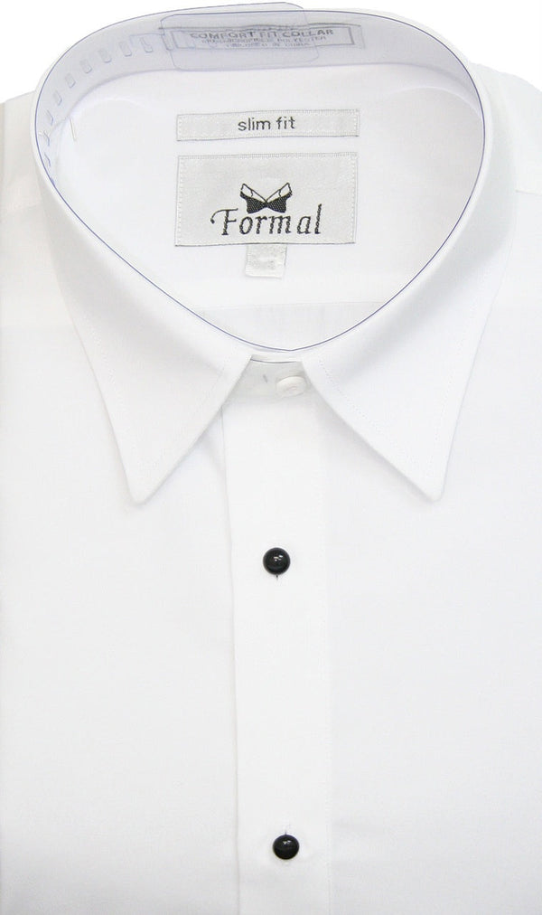 New White Slim Fit Non-Pleated Laydown Collar Tuxedo Shirt FCGI