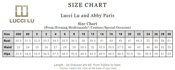 Size chart for Lucci Lu and Abby Paris dresses with measurements in bust, waist, and hips.