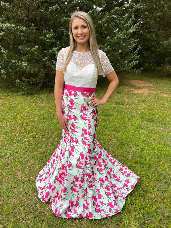 Mac Duggal 76168F Pink Floral Lace Fit-n-Flare Dress Mac Duggal