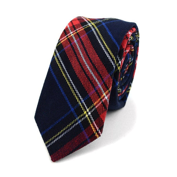 Navy Blue & Red Plaid Flannel Cotton Slim Tie SELININY